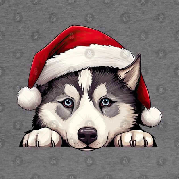 Christmas Peeking Siberian Husky Dog by Chromatic Fusion Studio